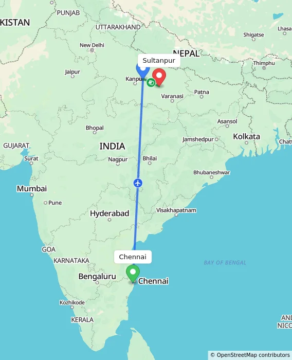 Route map showing distance and travel time from Chennai, India to Sultanpur, India