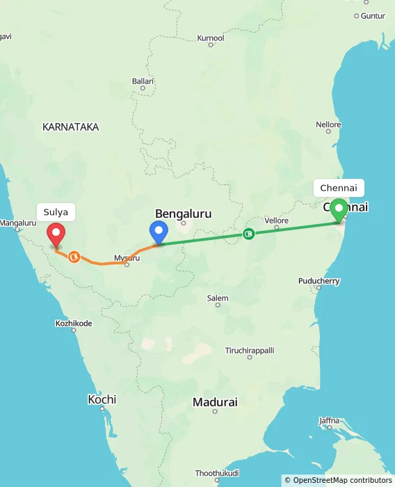 Route map showing distance and travel time from Chennai, India to Sulya, India