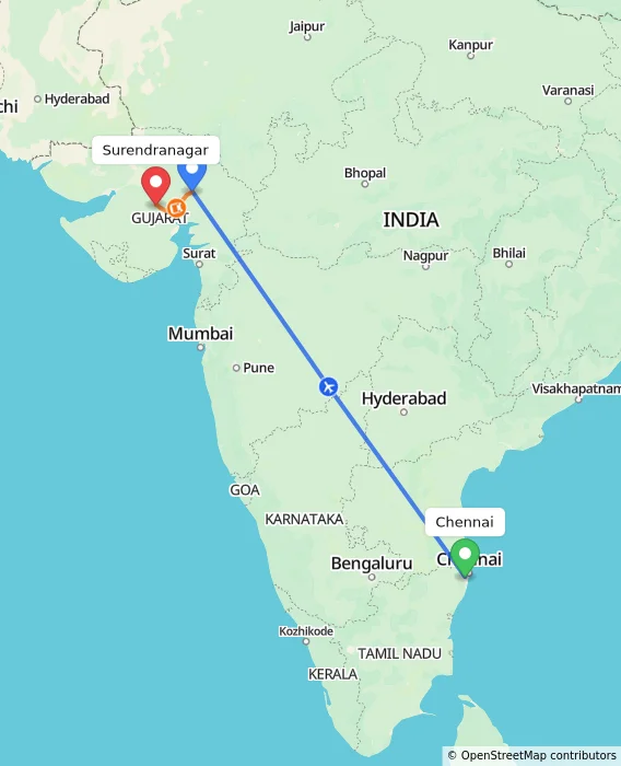 Route map showing distance and travel time from Chennai, India to Surendranagar, India