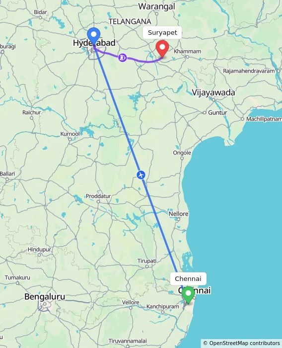 Route map showing distance and travel time from Chennai, India to Suryapet, India