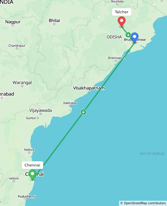 Route map showing distance and travel time from Chennai, India to Talcher, India