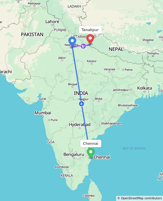 Route map showing distance and travel time from Chennai, India to Tanakpur, India