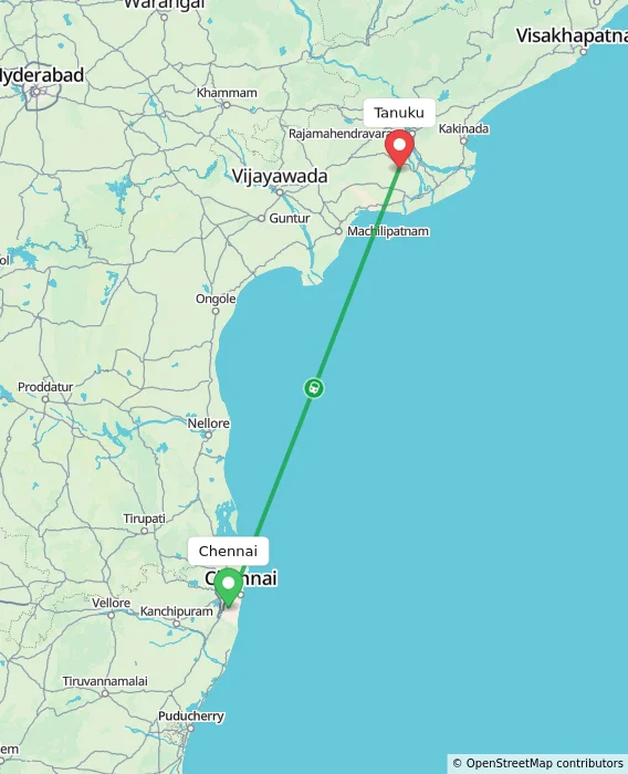 Route map showing distance and travel time from Chennai, India to Tanuku, India