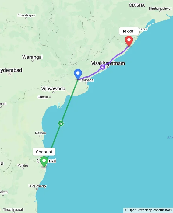 Route map showing distance and travel time from Chennai, India to Tekkali, India