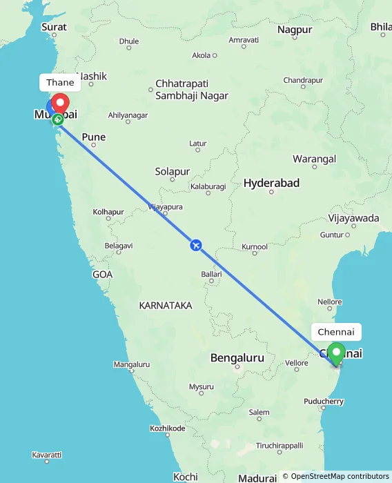 Route map showing distance and travel time from Chennai, India to Thane, India