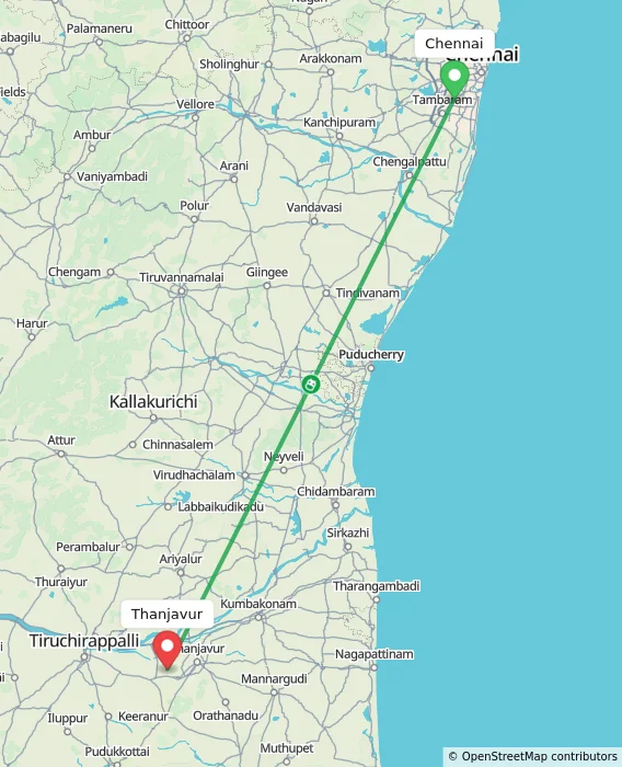 Route map showing distance and travel time from Chennai, India to Thanjavur, India