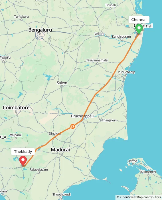 Route map showing distance and travel time from Chennai, India to Thekkady, India