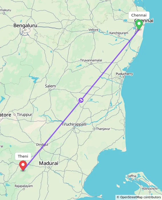 Route map showing distance and travel time from Chennai, India to Theni, India