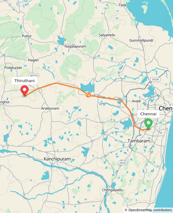 Route map showing distance and travel time from Chennai, India to Thiruthani, India