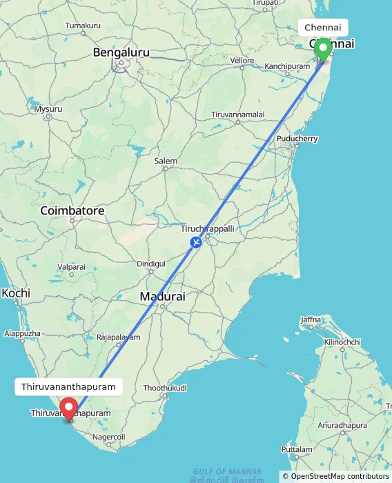 Route map showing distance and travel time from Chennai, India to Thiruvananthapuram, India