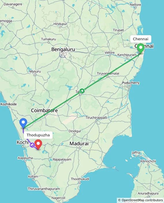 Route map showing distance and travel time from Chennai, India to Thodupuzha, India