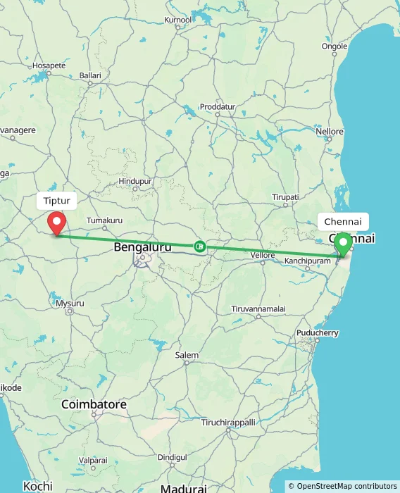 Route map showing distance and travel time from Chennai, India to Tiptur, India