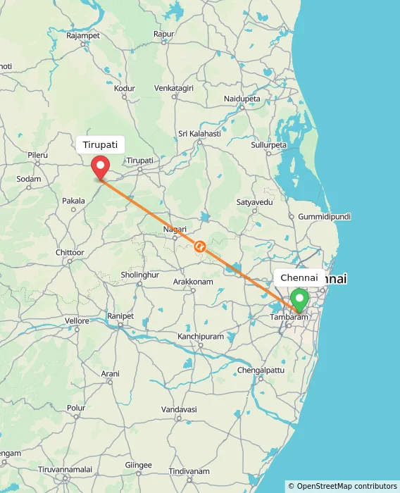 Route map showing distance and travel time from Chennai, India to Tirupati, India