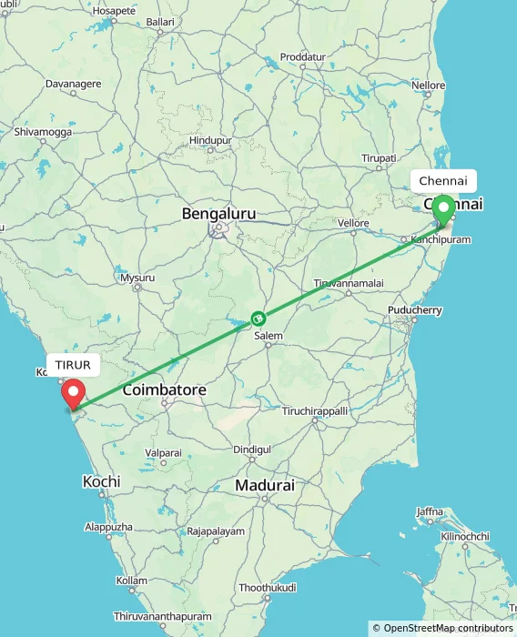 Route map showing distance and travel time from Chennai, India to TIRUR, India