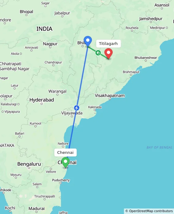 Route map showing distance and travel time from Chennai, India to Titilagarh, India