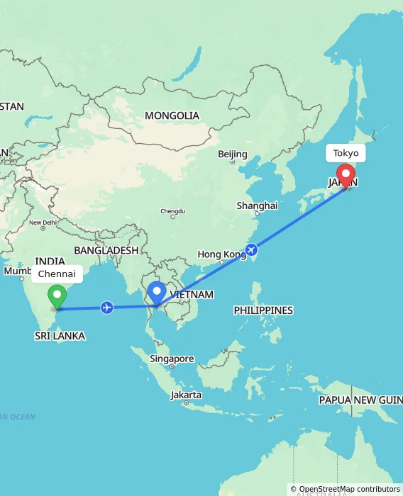 Route map showing distance and travel time from Chennai, India to Tokyo, Japan