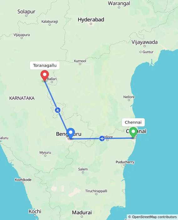 Route map showing distance and travel time from Chennai, India to Toranagallu, India
