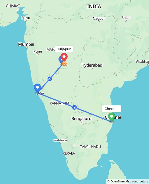 Route map showing distance and travel time from Chennai, India to Tuljapur, India