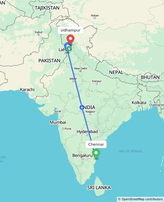 Route map showing distance and travel time from Chennai, India to Udhampur, India