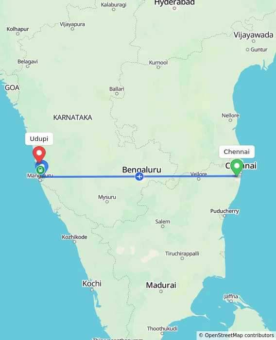 Route map showing distance and travel time from Chennai, India to Udupi, India