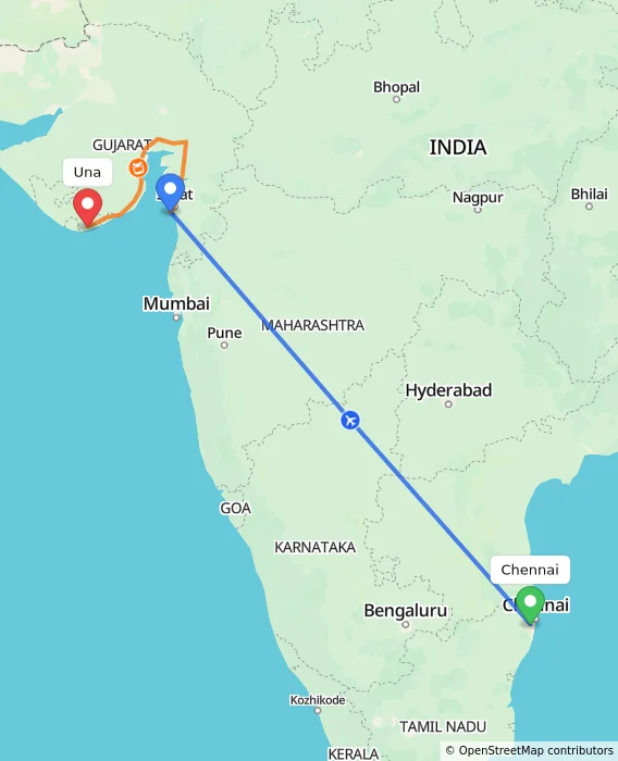 Route map showing distance and travel time from Chennai, India to Una, India