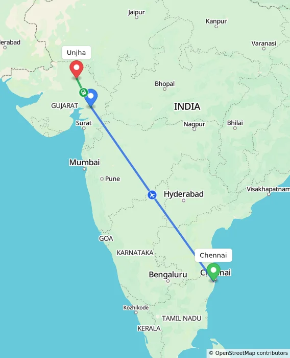 Route map showing distance and travel time from Chennai, India to Unjha, India