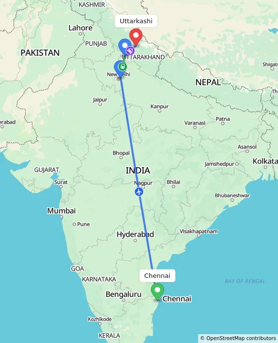Route map showing distance and travel time from Chennai, India to Uttarkashi, India
