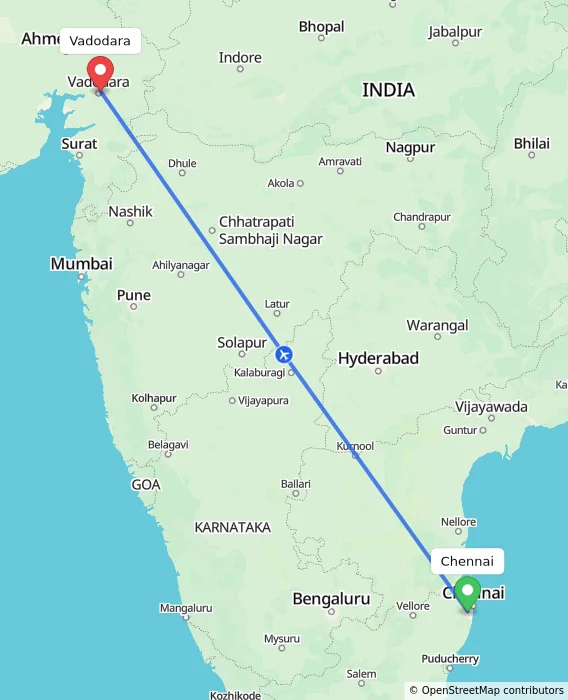 Route map showing distance and travel time from Chennai, India to Vadodara, India