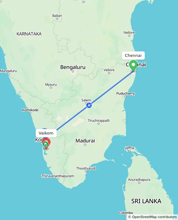 Route map showing distance and travel time from Chennai, India to Vaikom, India