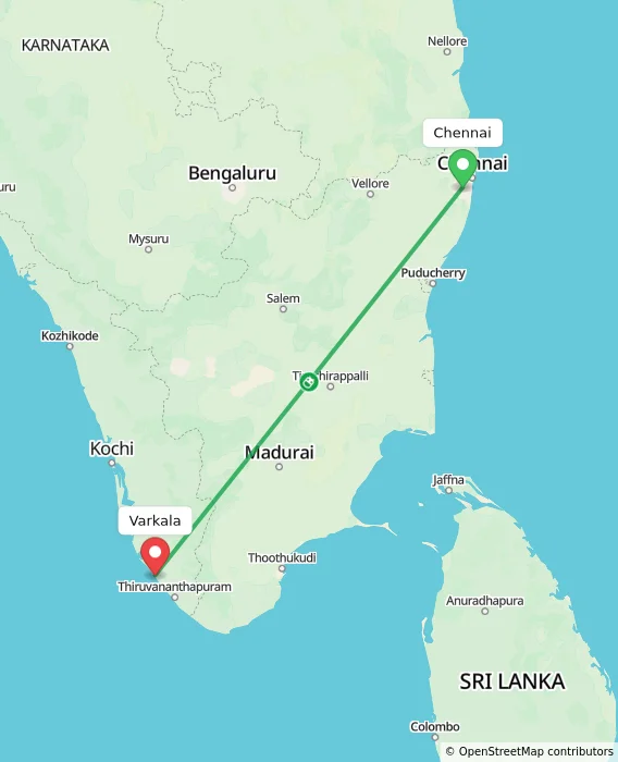 Route map showing distance and travel time from Chennai, India to Varkala, India