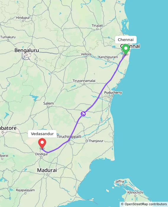 Route map showing distance and travel time from Chennai, India to Vedasandur, India