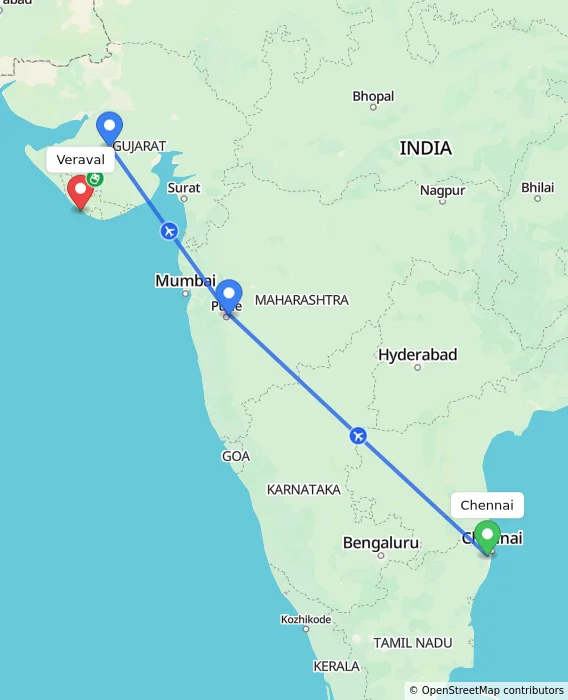 Route map showing distance and travel time from Chennai, India to Veraval, India