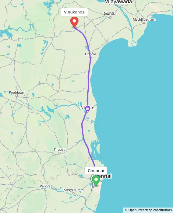 Route map showing distance and travel time from Chennai, India to Vinukonda, India
