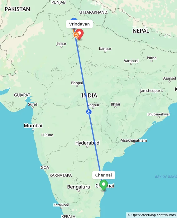 Route map showing distance and travel time from Chennai, India to Vrindavan, India