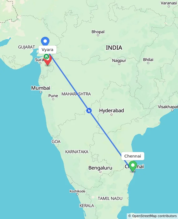 Route map showing distance and travel time from Chennai, India to Vyara, India