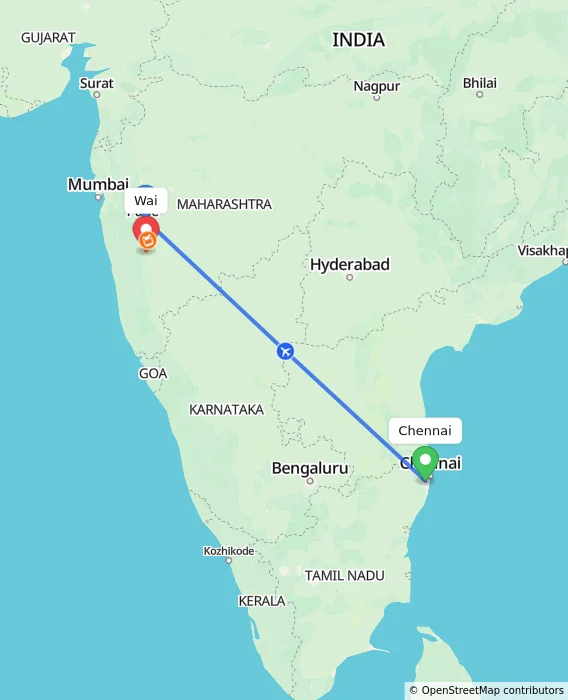 Route map showing distance and travel time from Chennai, India to Wai, India