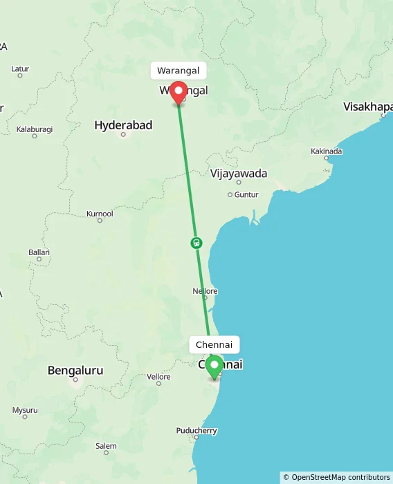 Route map showing distance and travel time from Chennai, India to Warangal, India