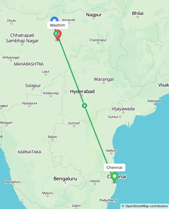 Route map showing distance and travel time from Chennai, India to Washim, India