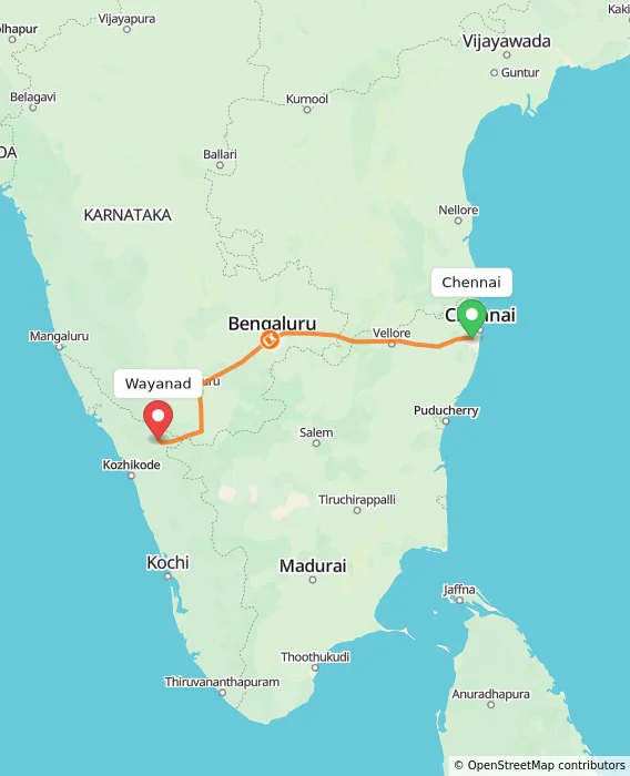 Route map showing distance and travel time from Chennai, India to Wayanad, India