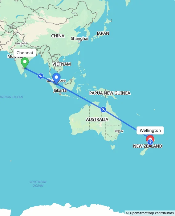 Route map showing distance and travel time from Chennai, India to Wellington, New Zealand