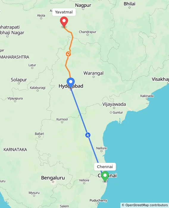 Route map showing distance and travel time from Chennai, India to Yavatmal, India