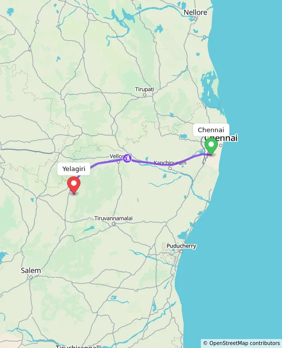 Route map showing distance and travel time from Chennai, India to Yelagiri, India