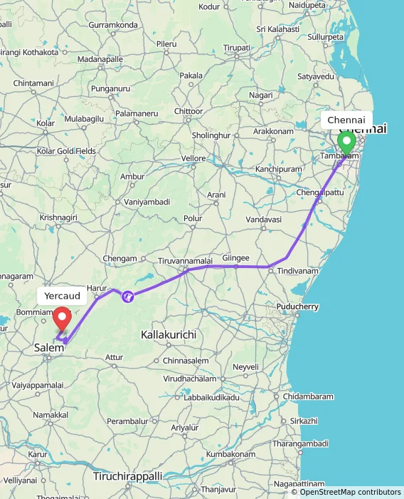 Route map showing distance and travel time from Chennai, India to Yercaud, India