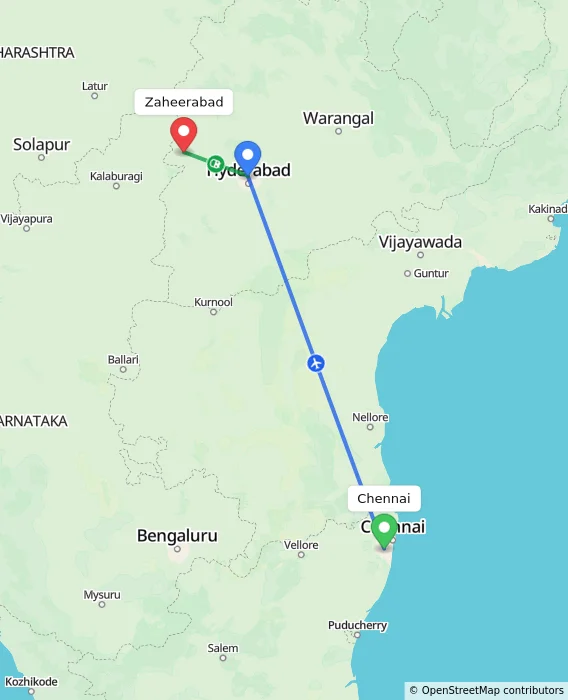 Route map showing distance and travel time from Chennai, India to Zaheerabad, India