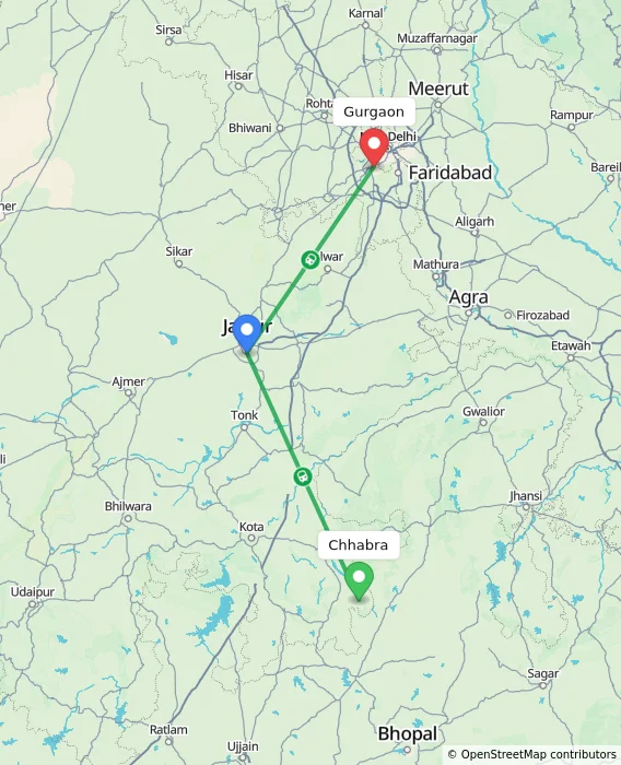 Route map showing distance and travel time from Chhabra, India to Gurgaon, India