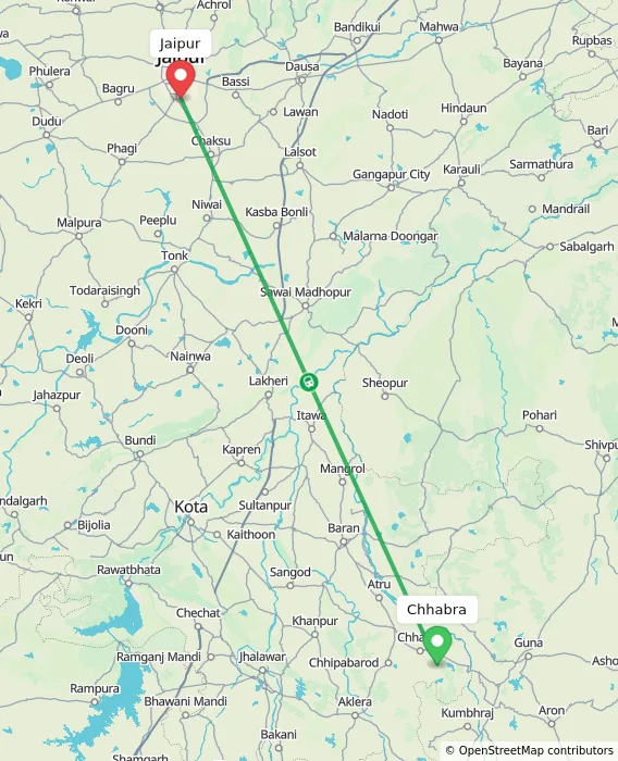 Route map showing distance and travel time from Chhabra, India to Jaipur, India