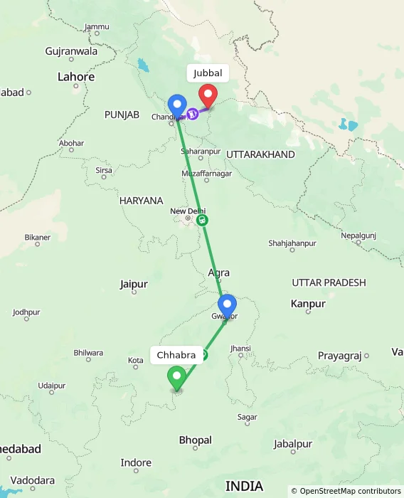 Route map showing distance and travel time from Chhabra, India to Jubbal, India