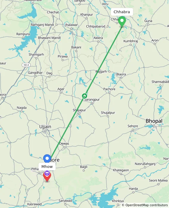 Route map showing distance and travel time from Chhabra, India to Mhow, India