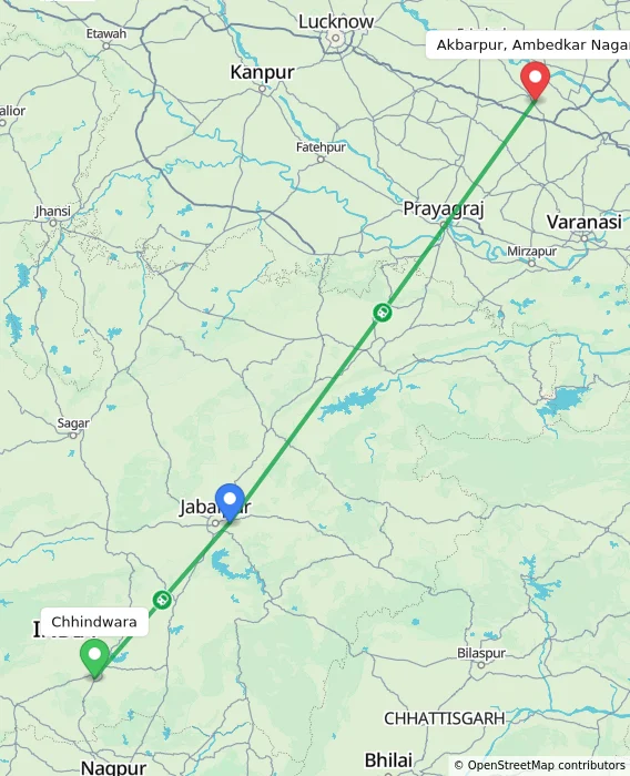 Route map showing distance and travel time from Chhindwara, India to Akbarpur, Ambedkar Nagar, India