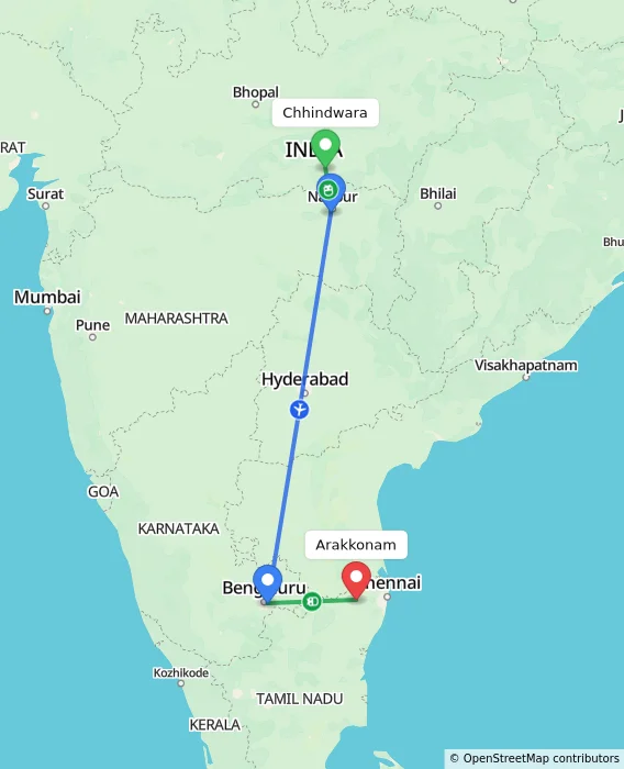 Route map showing distance and travel time from Chhindwara, India to Arakkonam, India